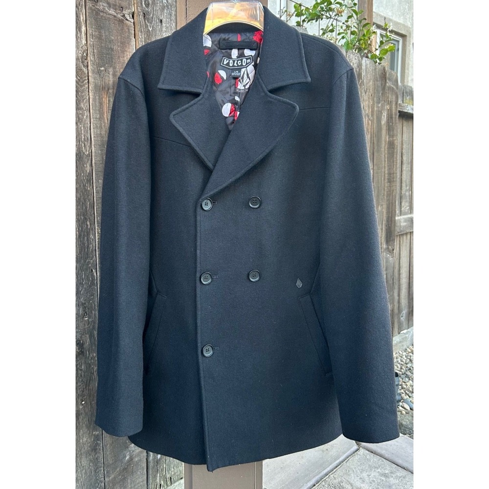 Volcom Rudder Peacoat Mens L Black Wool Blend Double Breasted Jacket Coat